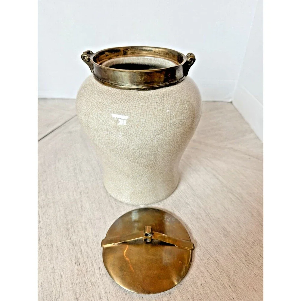 Vintage 1980s Tozai Faux Shagreen Crackle Porcelain & Bronze Ginger Jar Urn